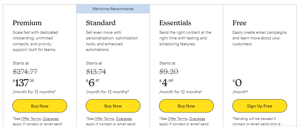 mailchimp pricing plans